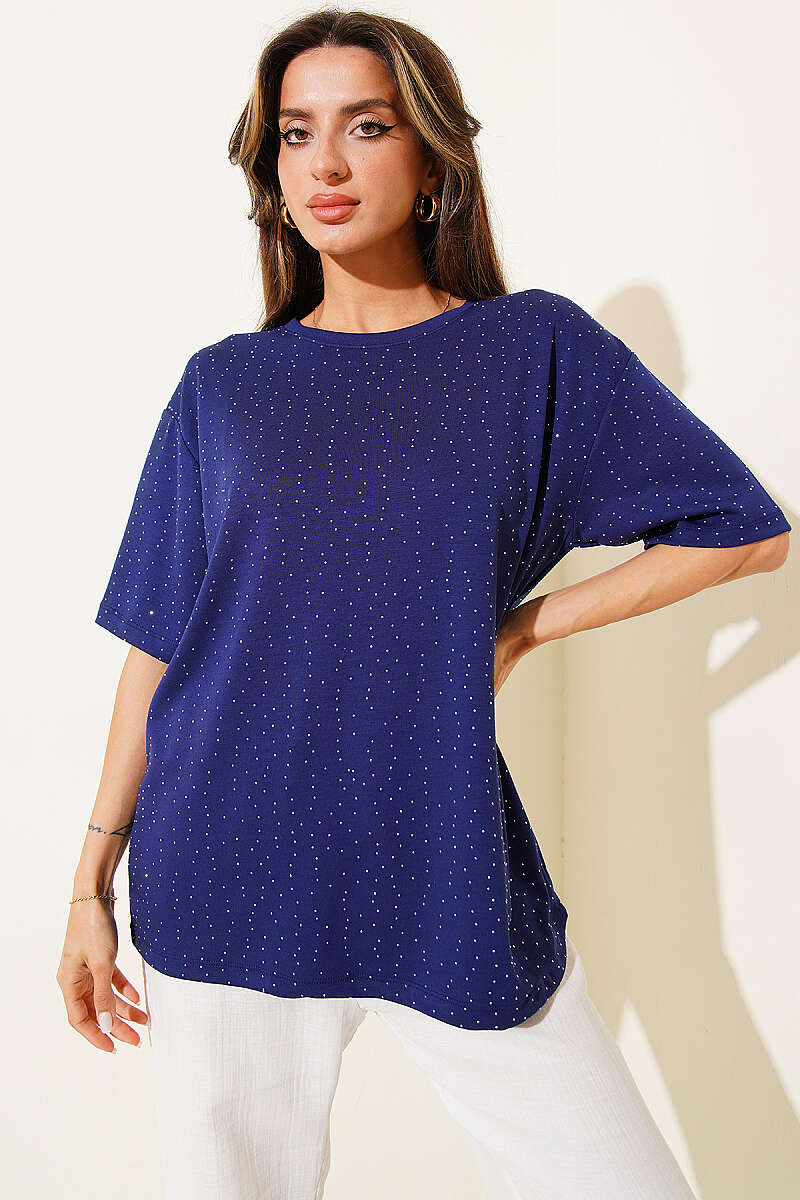 Serpme Taşlı Basic T-shirt Lacivert
