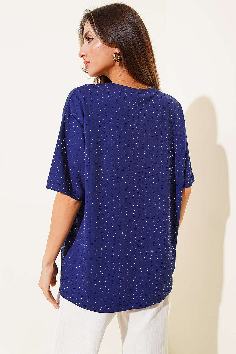 Serpme Taşlı Basic T-shirt Lacivert