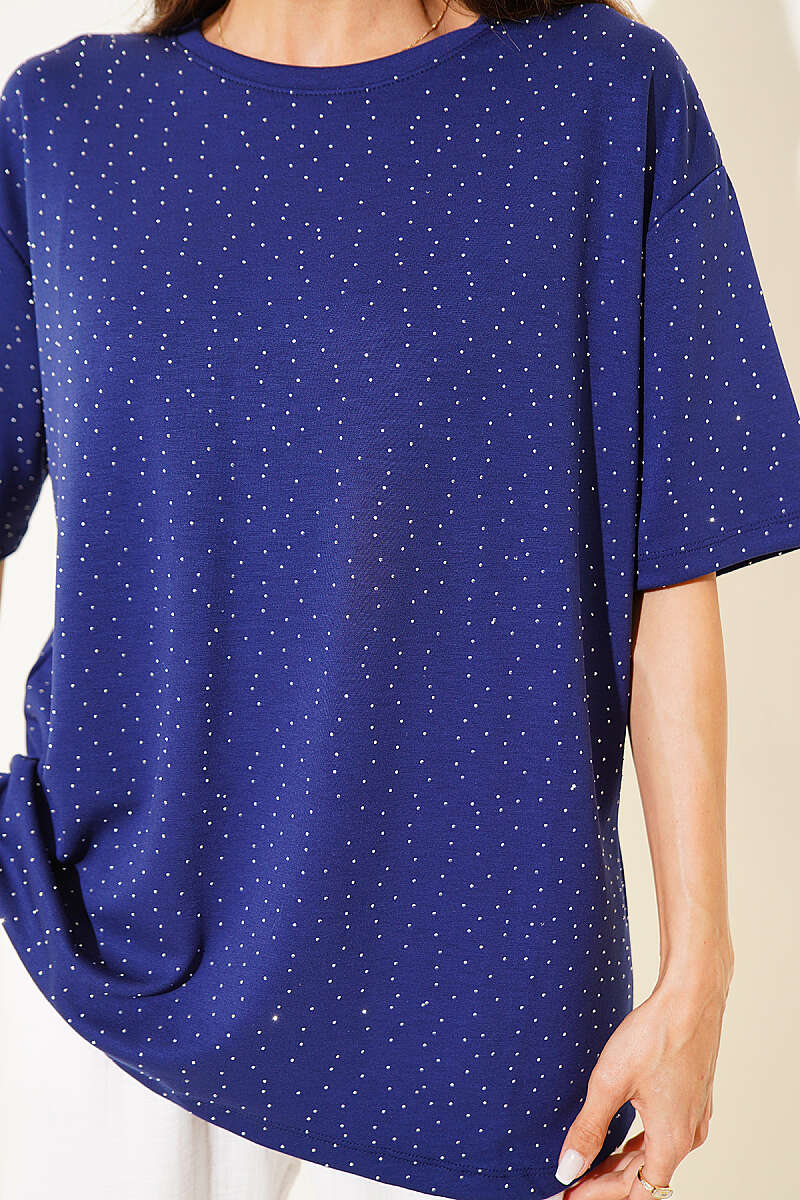 Serpme Taşlı Basic T-shirt Lacivert