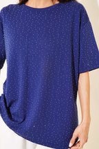Serpme Taşlı Basic T-shirt Lacivert