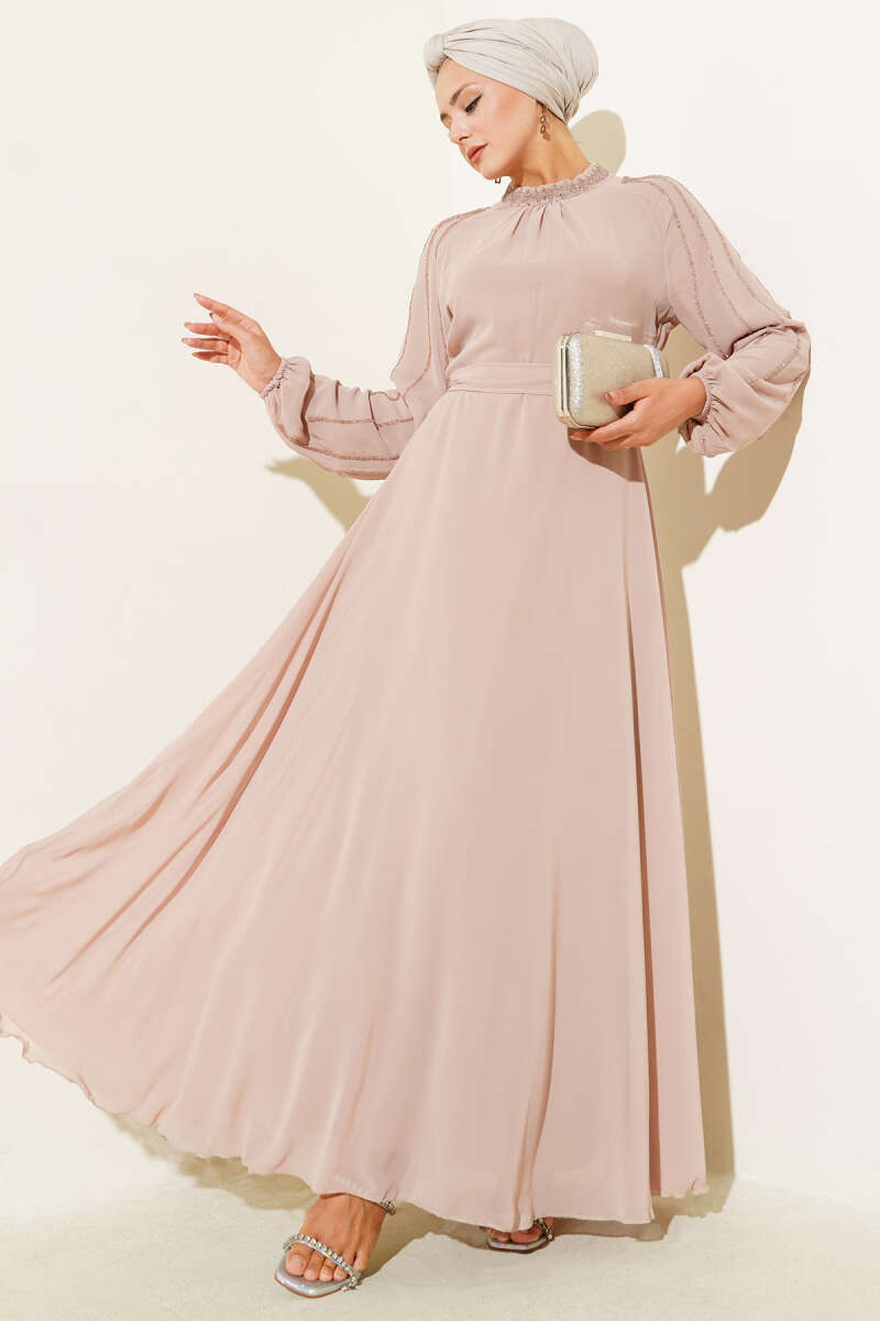Şifon Kolları Taşlı Abiye Elbise