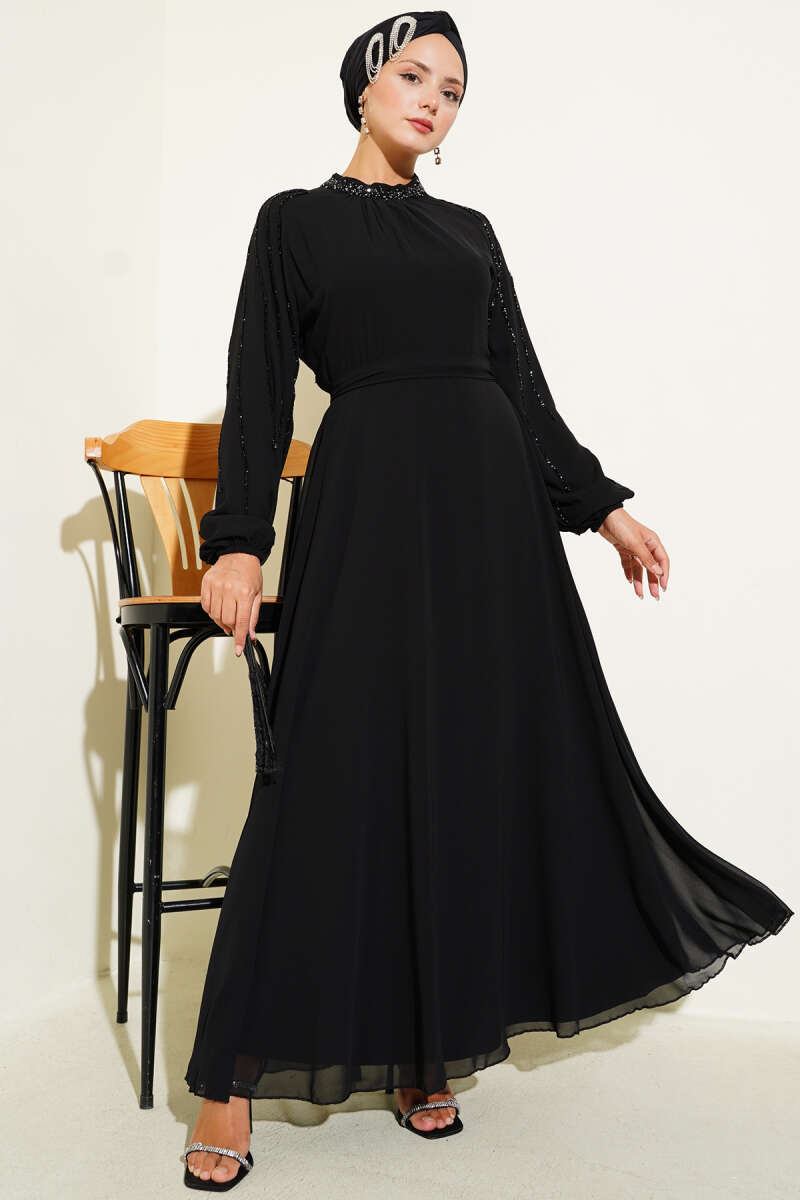 Şifon Kolları Taşlı Abiye Elbise
