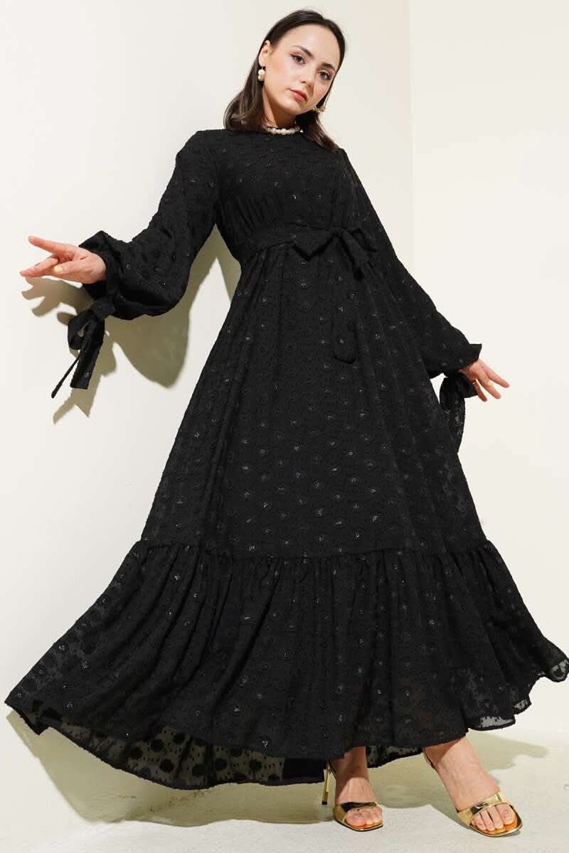 Glitter Polka Dotted Flounced Belted Dress