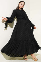 Glitter Polka Dotted Flounced Belted Dress