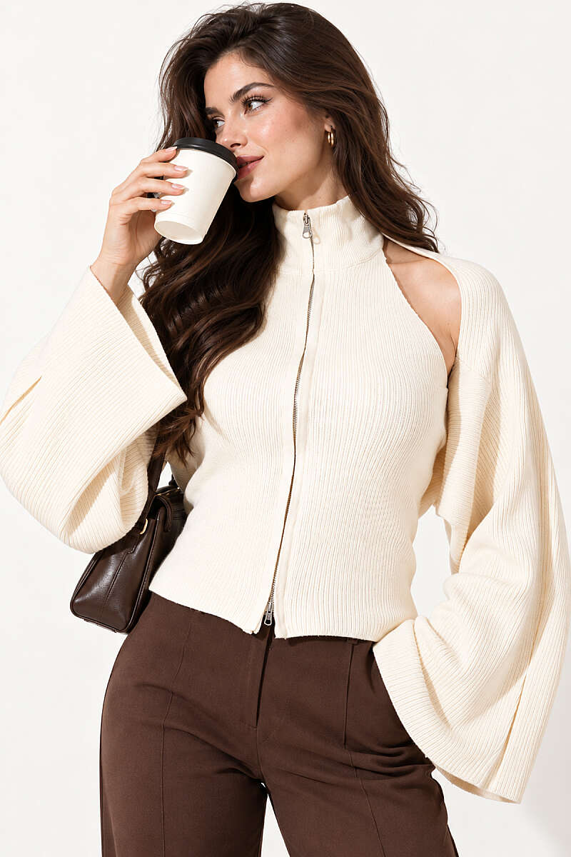Open-Back Knit Blouse Beige