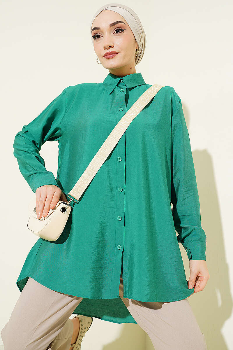 Sırt Pileli Basic Salaş Gömlek Yeşil