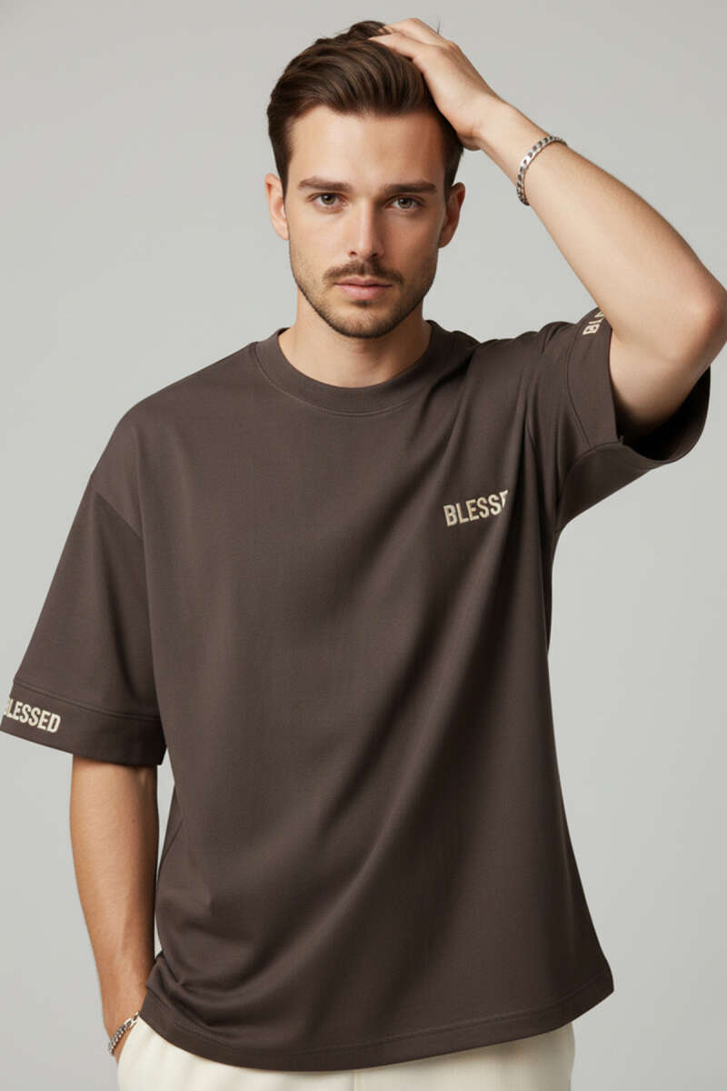 Sırt Yazılı Oversize Erkek T-shirt Acı Kahve