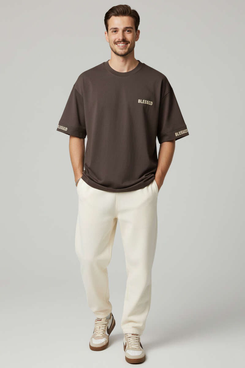 Sırt Yazılı Oversize Erkek T-shirt Acı Kahve
