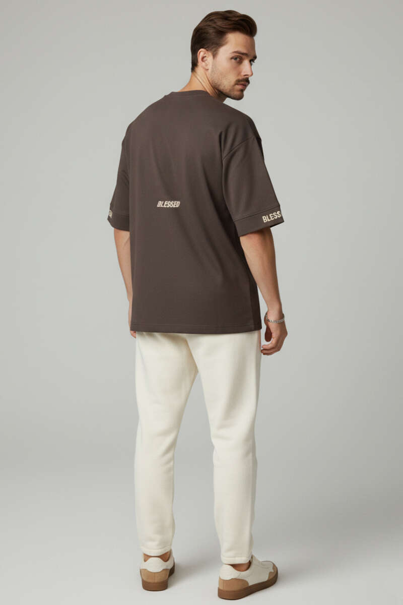 Sırt Yazılı Oversize Erkek T-shirt Acı Kahve
