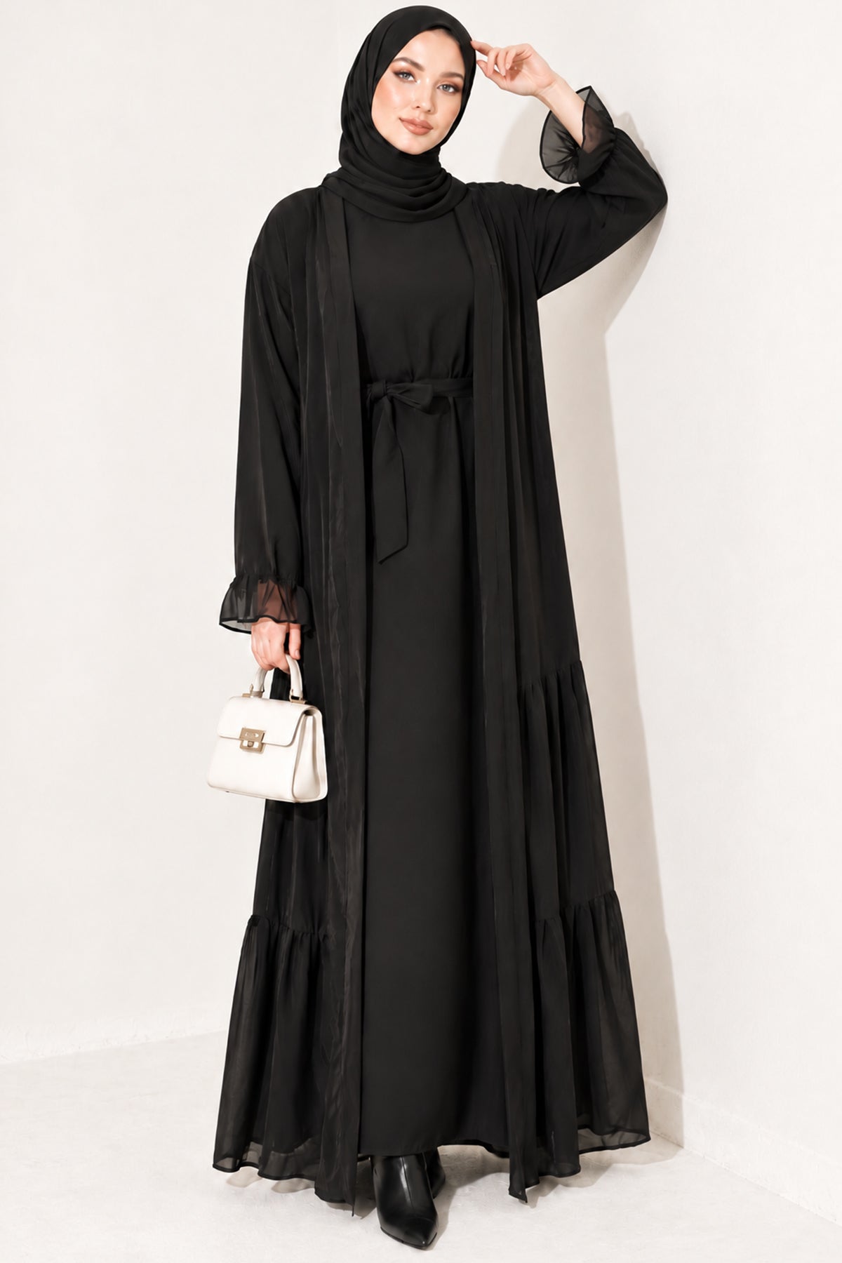 Pleated Abaya Set with Gathered Detail Oil Green