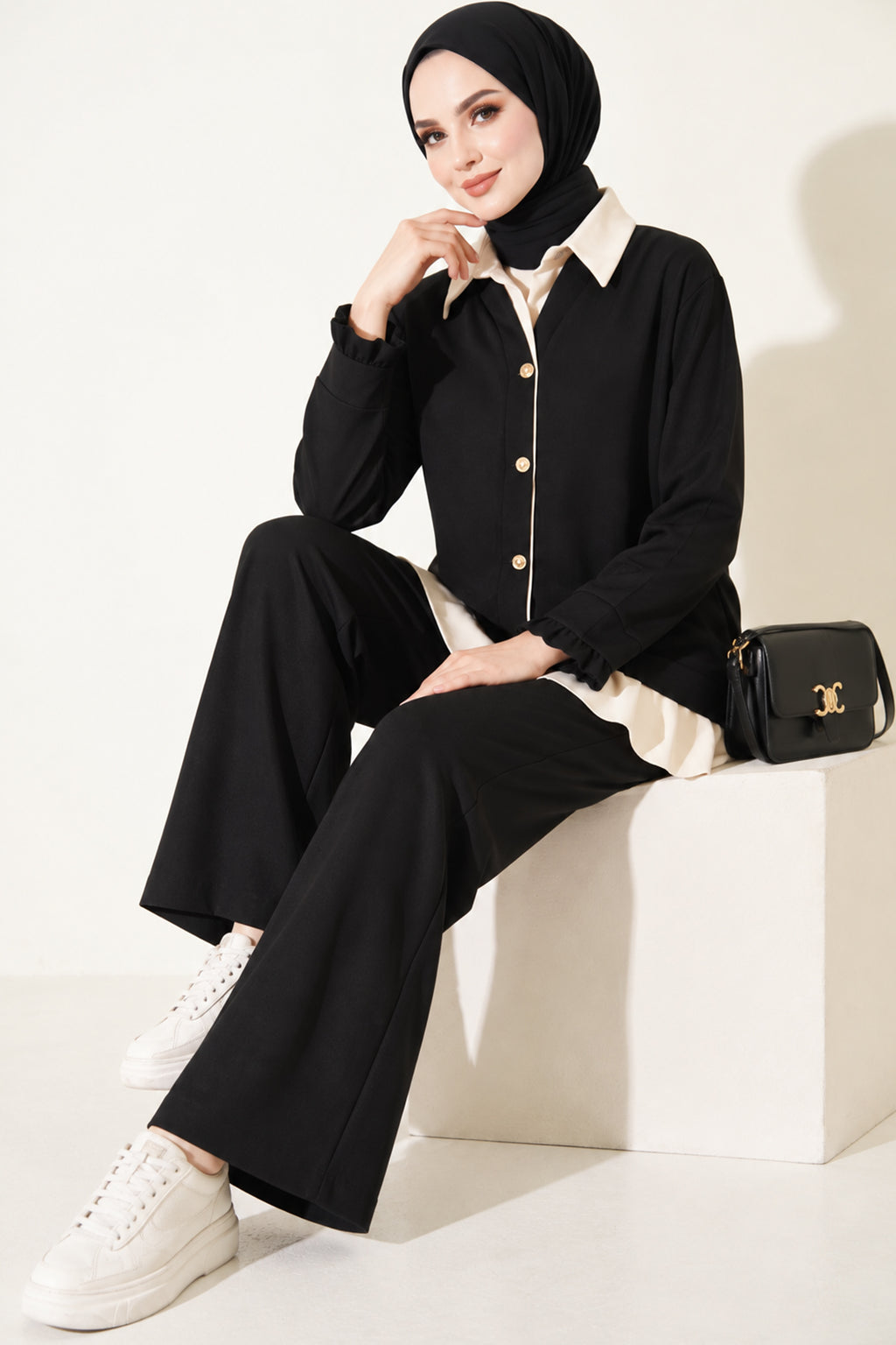 Pleated Detailed Gathered Two-Piece Set Beige