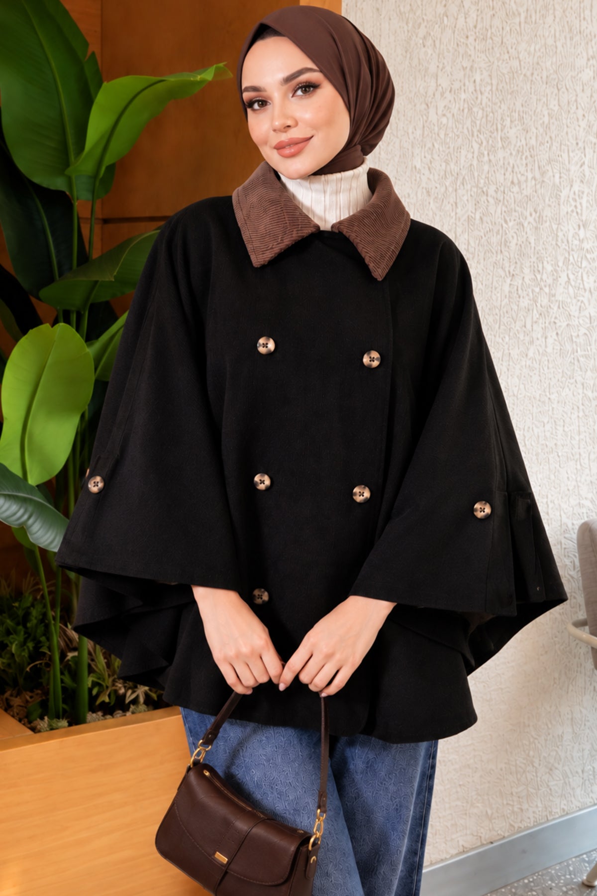 Velvet Collar Buttoned Poncho Coffee