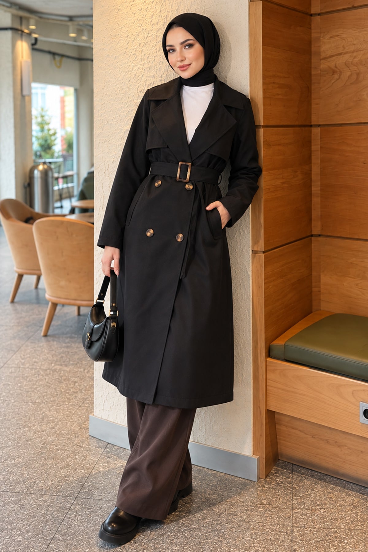 Cross Collar Pocketed Belted Trenchcoat Beige