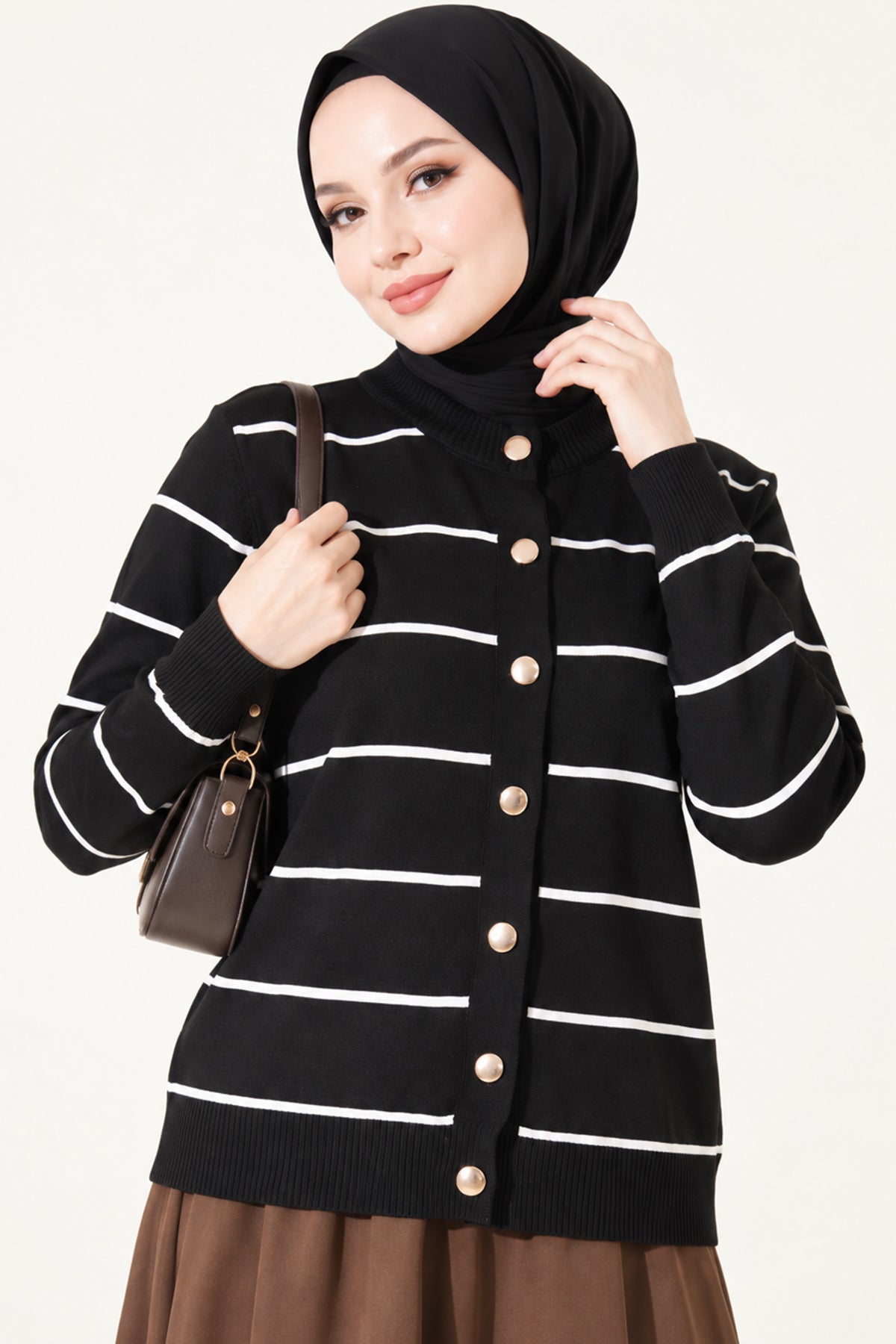 Gold Buttoned Striped Mercerized Cardigan White