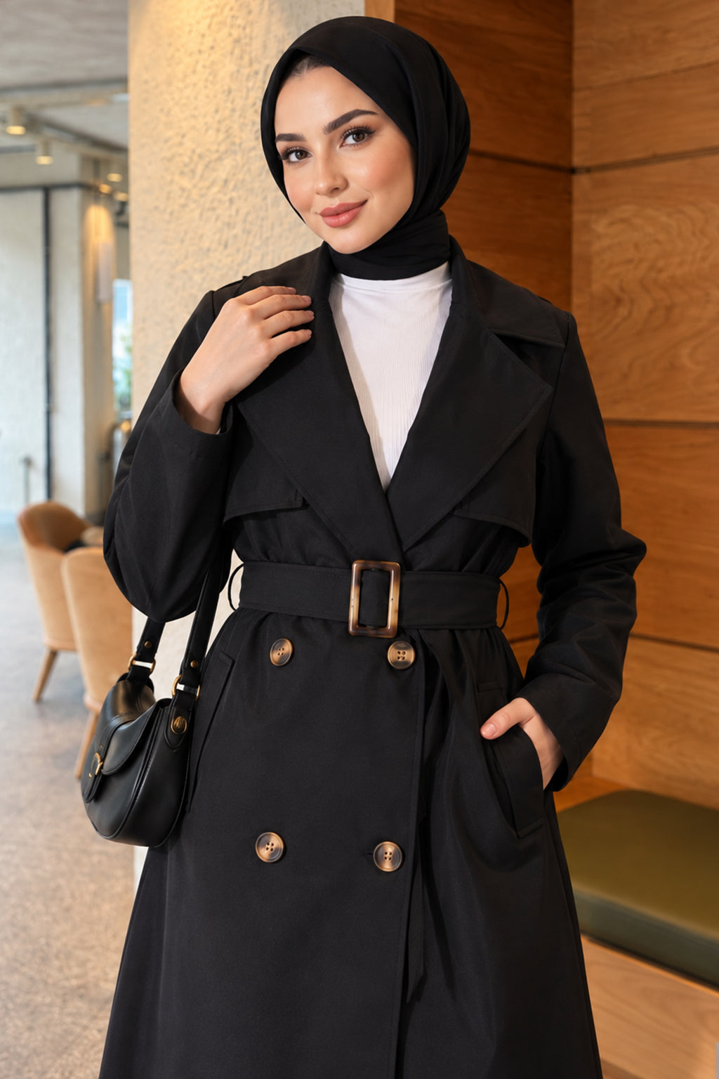 Cross Collar Pocketed Belted Trenchcoat Beige