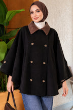 Velvet Collar Buttoned Poncho Coffee