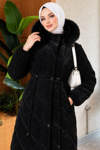 Quilted Waist Belt Fur Detailed Coat Beige