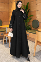 Full-Front Buttoned Abaya with Bias Trim on Sleeves Bordeaux