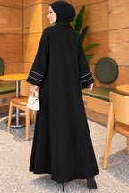 Full-Front Buttoned Abaya with Bias Trim on Sleeves Bordeaux