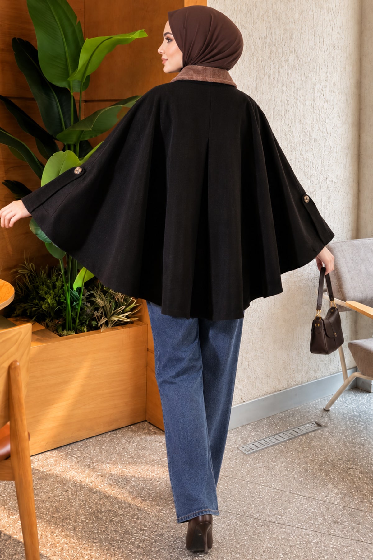 Velvet Collar Buttoned Poncho Coffee