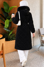 Quilted Waist Belt Fur Detailed Coat Beige