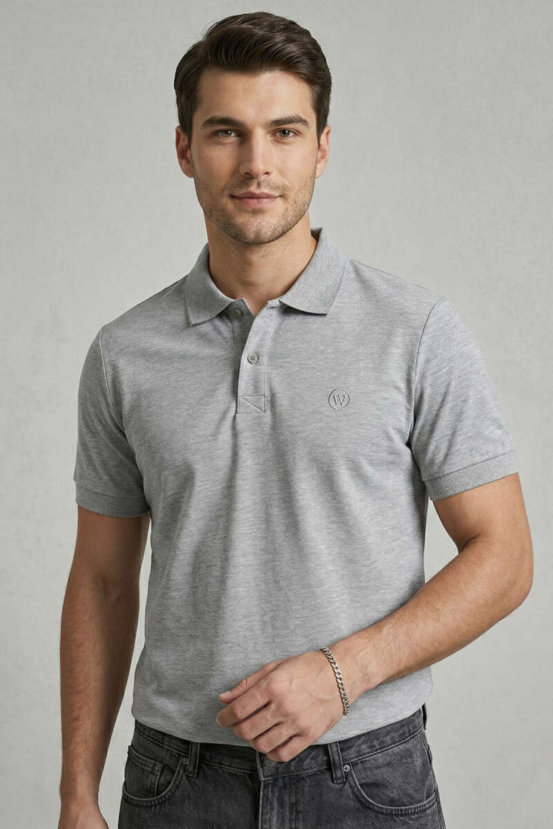 Slim Fit Yaka Düğmeli Erkek T-shirt Gri