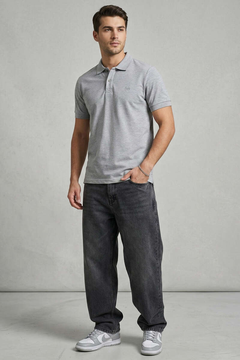 Slim Fit Yaka Düğmeli Erkek T-shirt Gri