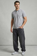 Slim Fit Yaka Düğmeli Erkek T-shirt Gri