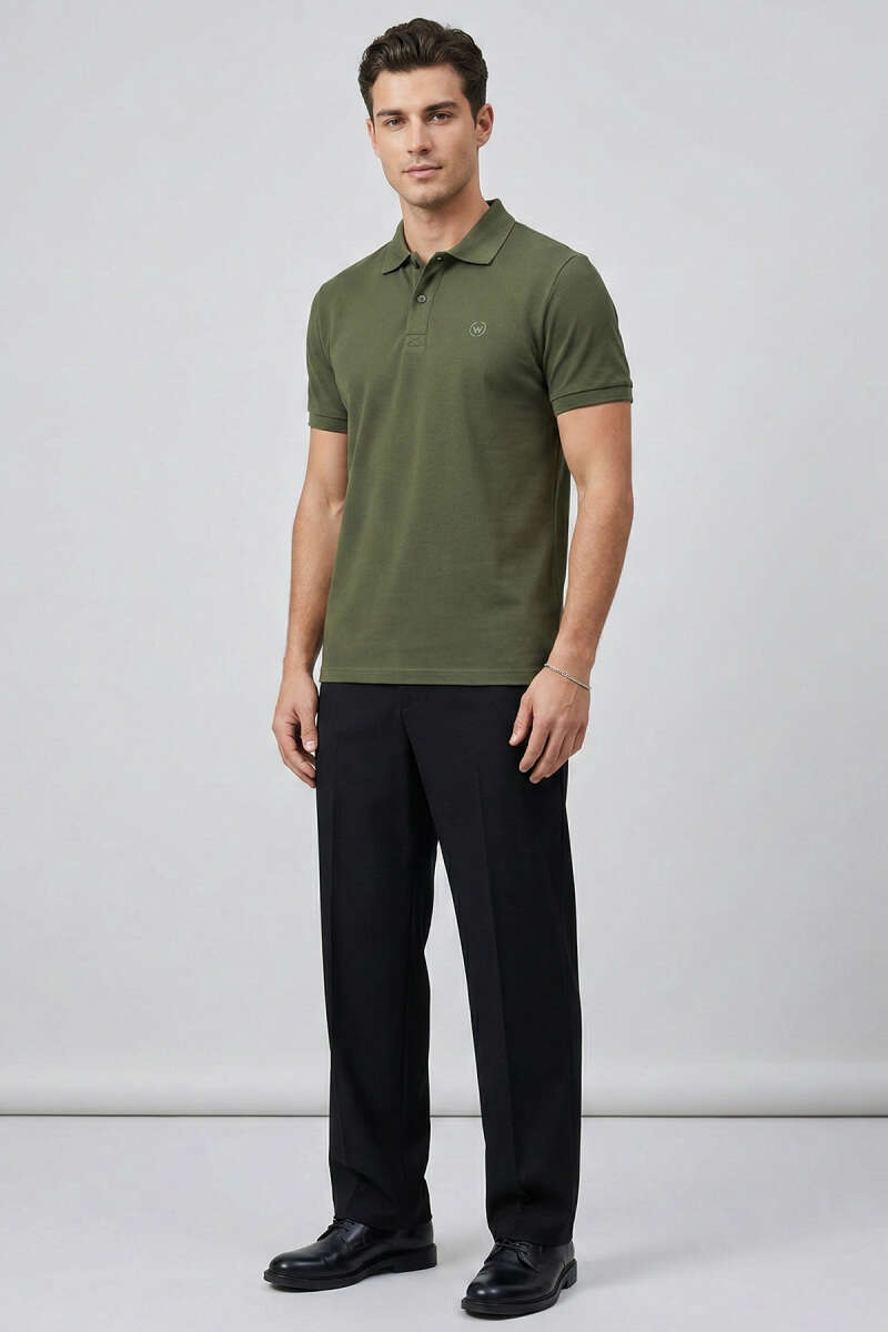Slim Fit Yaka Düğmeli Erkek T-shirt Haki