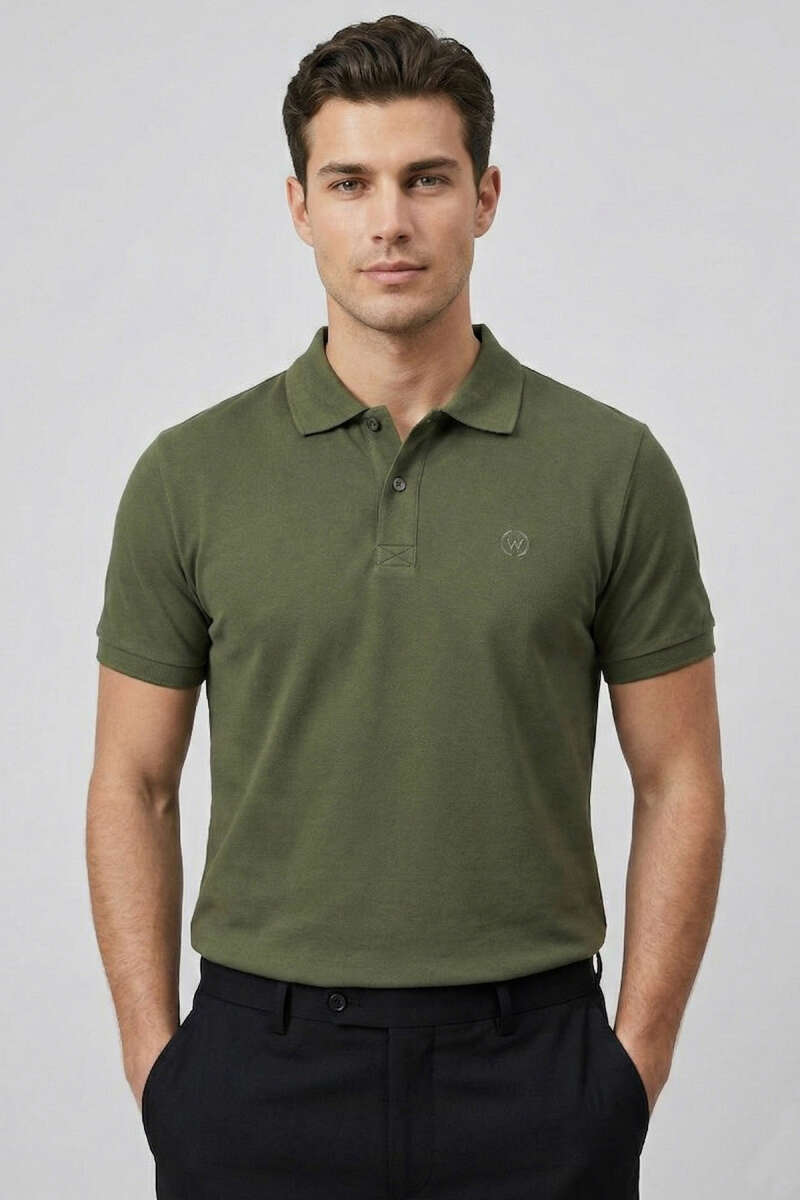 Slim Fit Yaka Düğmeli Erkek T-shirt Haki