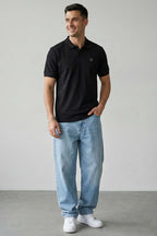 Slim Fit Yaka Düğmeli Erkek T-shirt Siyah