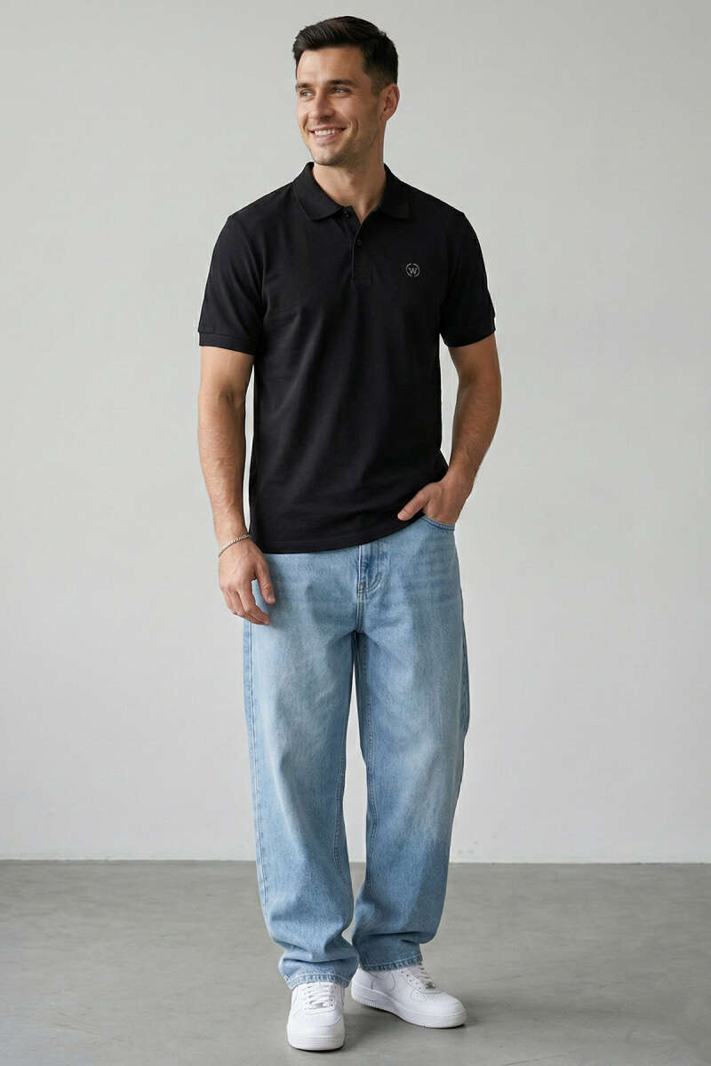 Slim Fit Yaka Düğmeli Erkek T-shirt Siyah