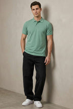 Slim Fit Yaka Düğmeli Erkek T-shirt Su Yeşili