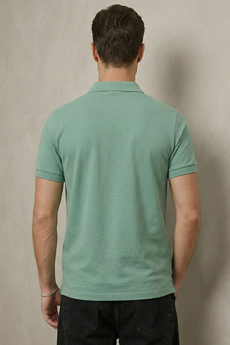 Slim Fit Yaka Düğmeli Erkek T-shirt Su Yeşili