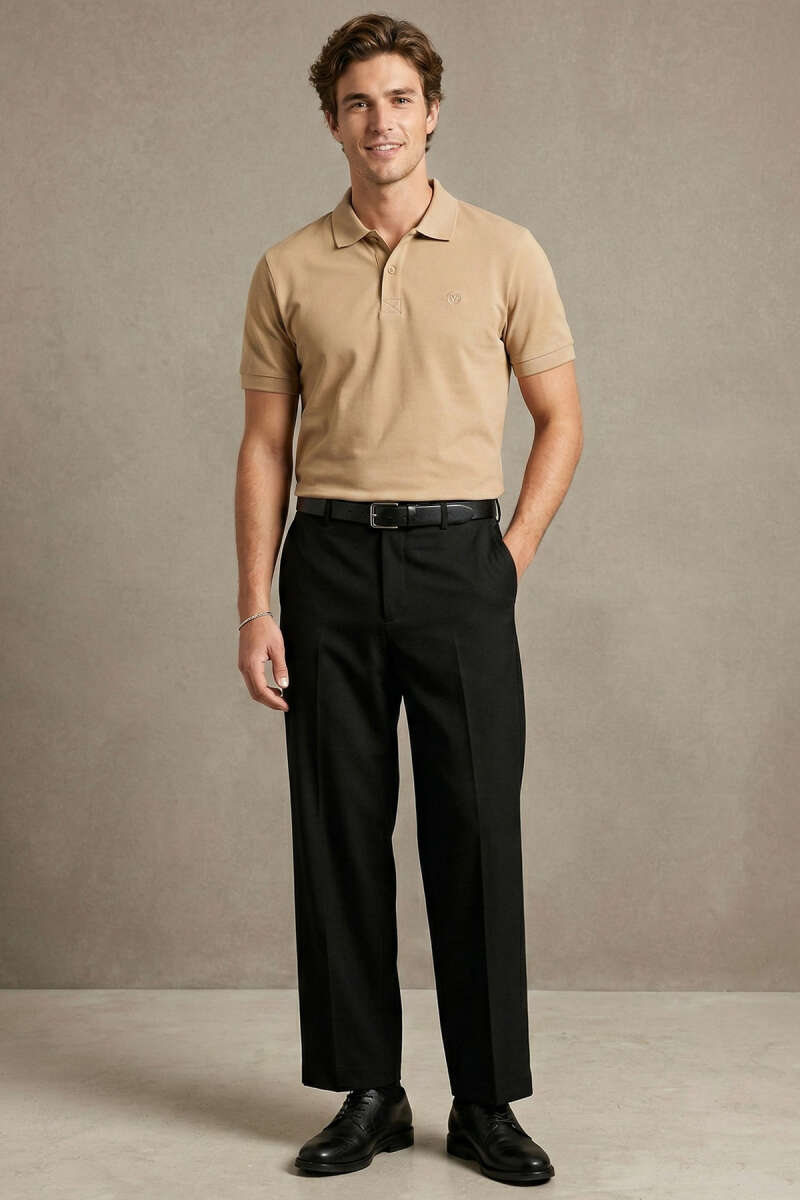 Slim Fit Yaka Düğmeli Erkek T-shirt Vizon