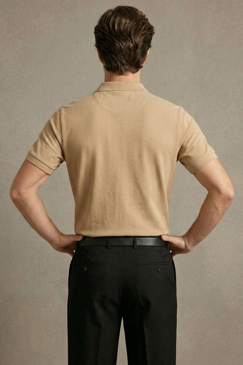 Slim Fit Yaka Düğmeli Erkek T-shirt Vizon