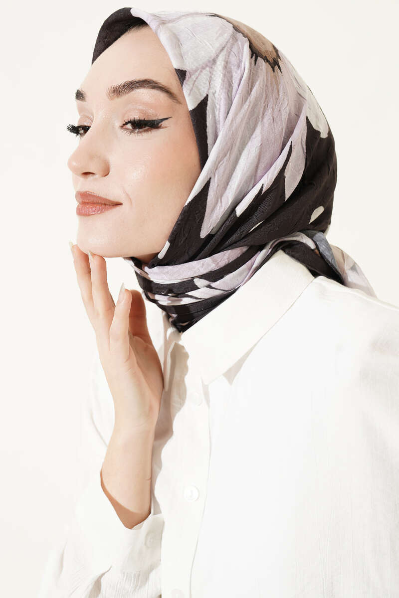 Soft Floral Baskılı Pamuklu Eşarp Acı Kahve Lila