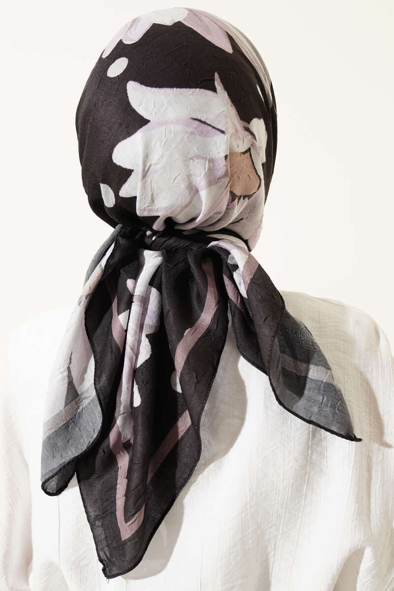 Soft Floral Baskılı Pamuklu Eşarp Acı Kahve Lila