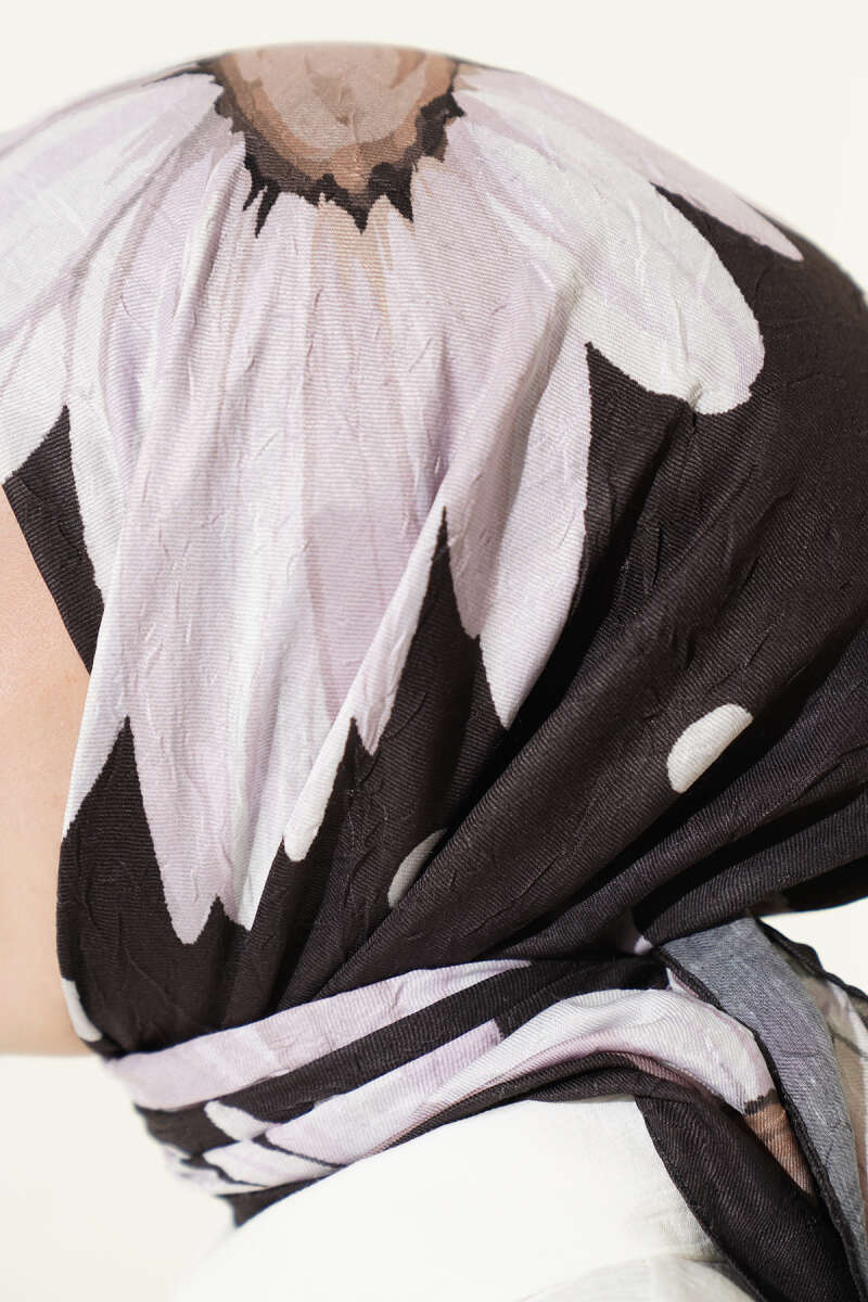 Soft Floral Baskılı Pamuklu Eşarp Acı Kahve Lila