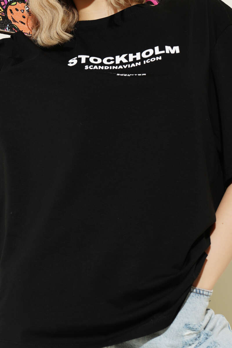 Stockholm Yazılı T-shirt Siyah