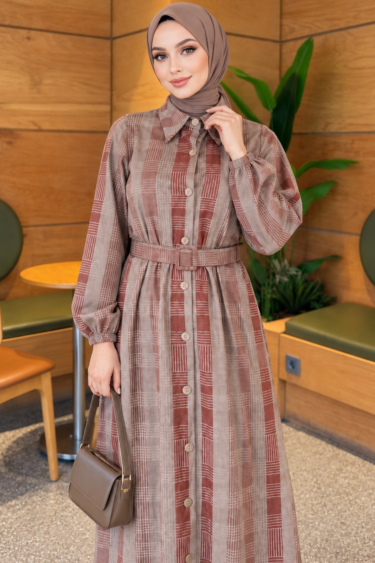 Beige Full-Front Button Corduroy Velvet Dress