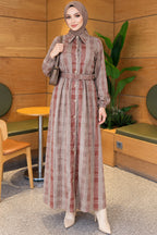 Beiges Karo-Kleid mit durchgehender Knopfleiste aus Cord