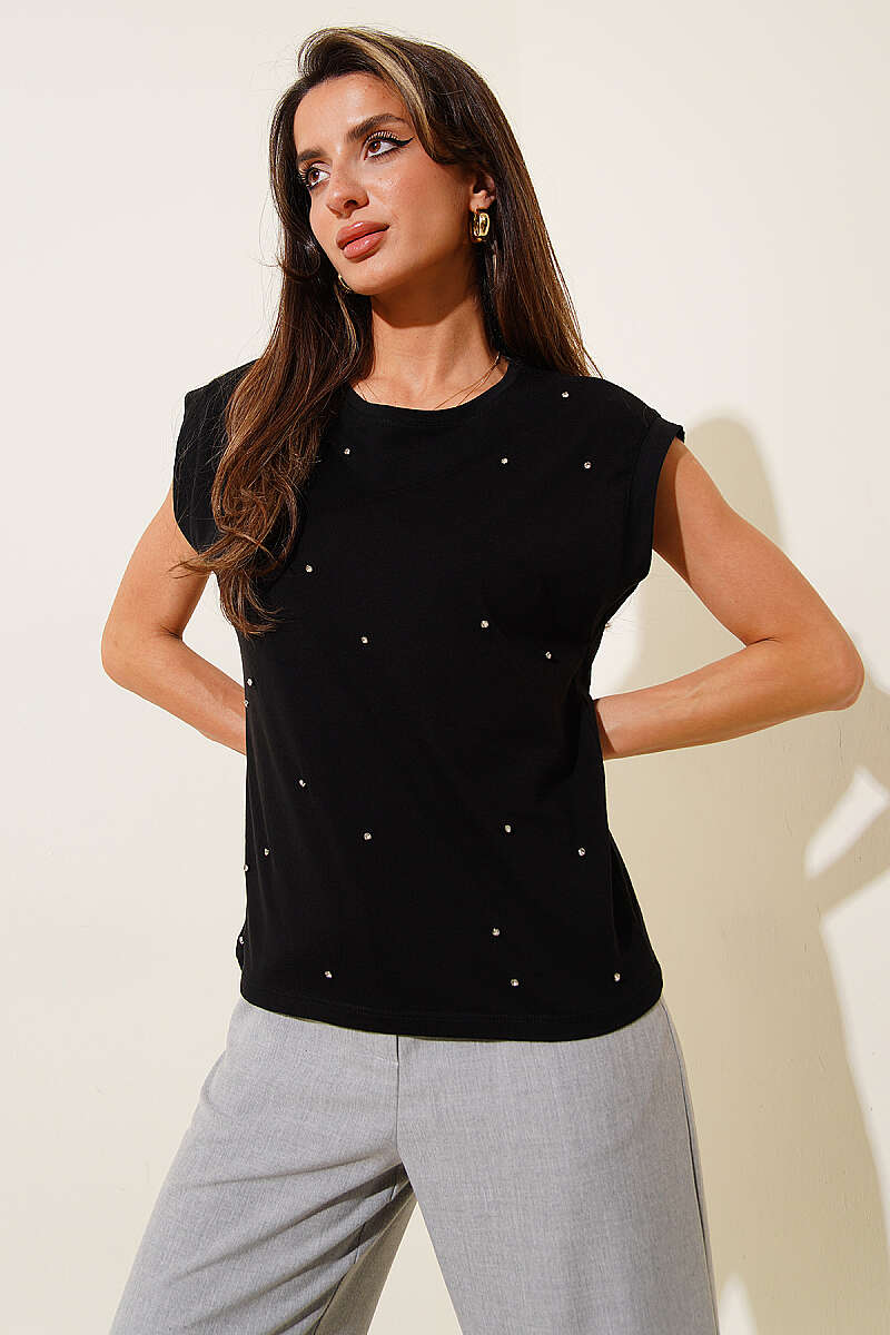 Taş Detaylı Basic T-shirt Siyah