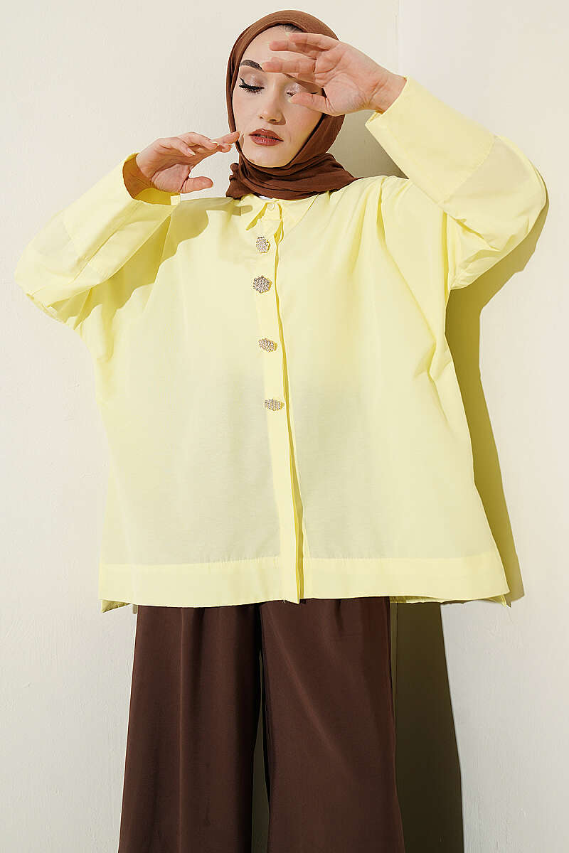 Taş Düğmeli Oversize Gömlek Sarı