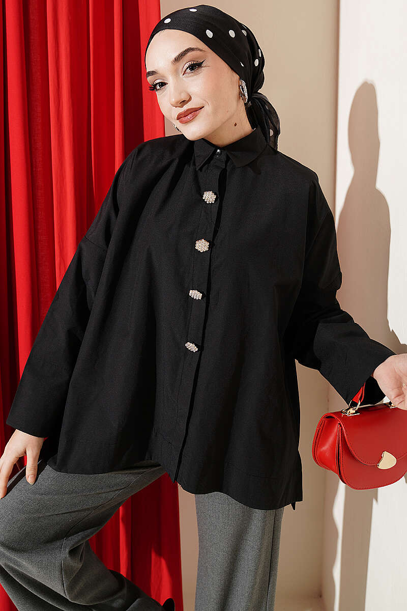 Taş Düğmeli Oversize Gömlek Siyah