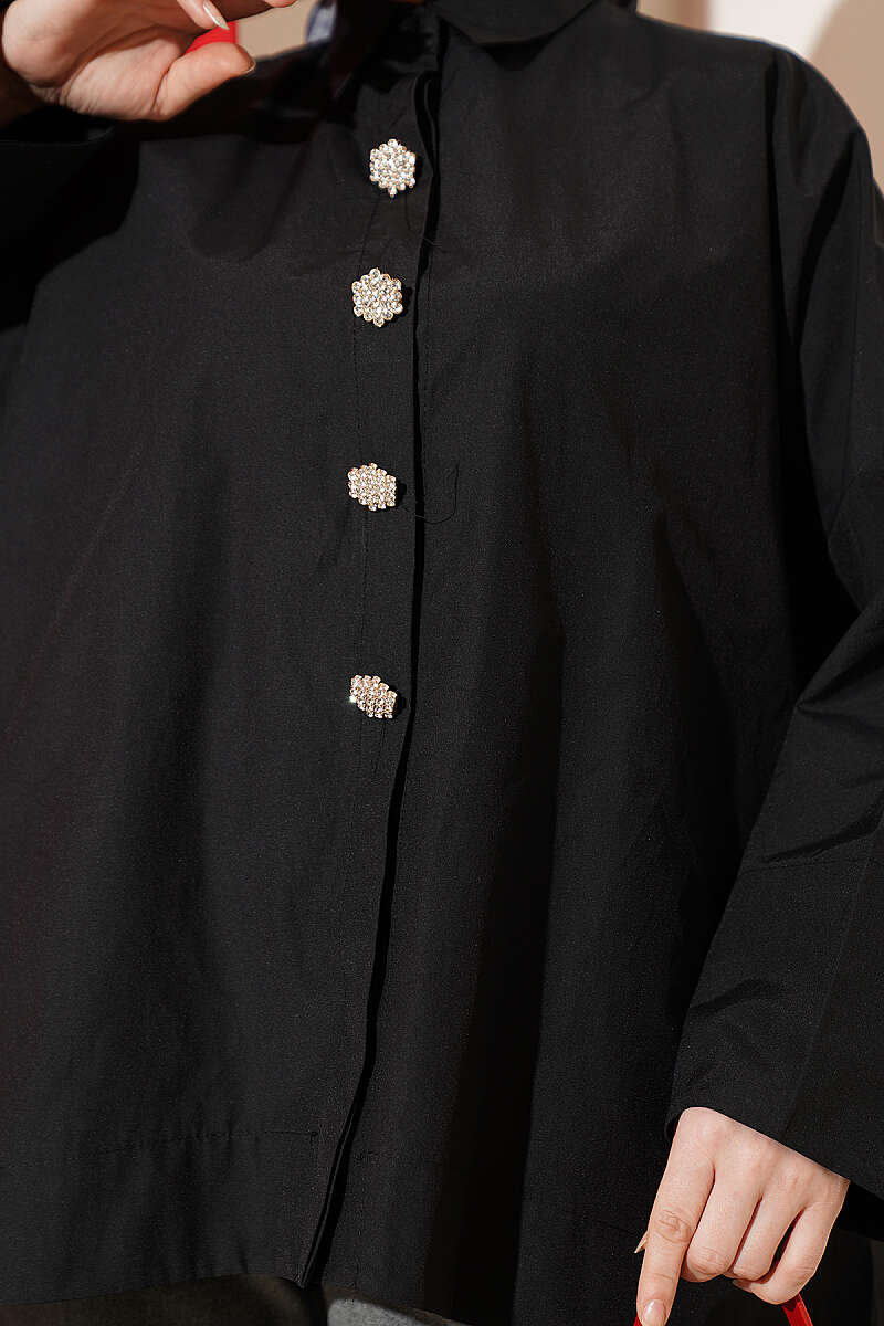 Taş Düğmeli Oversize Gömlek Siyah