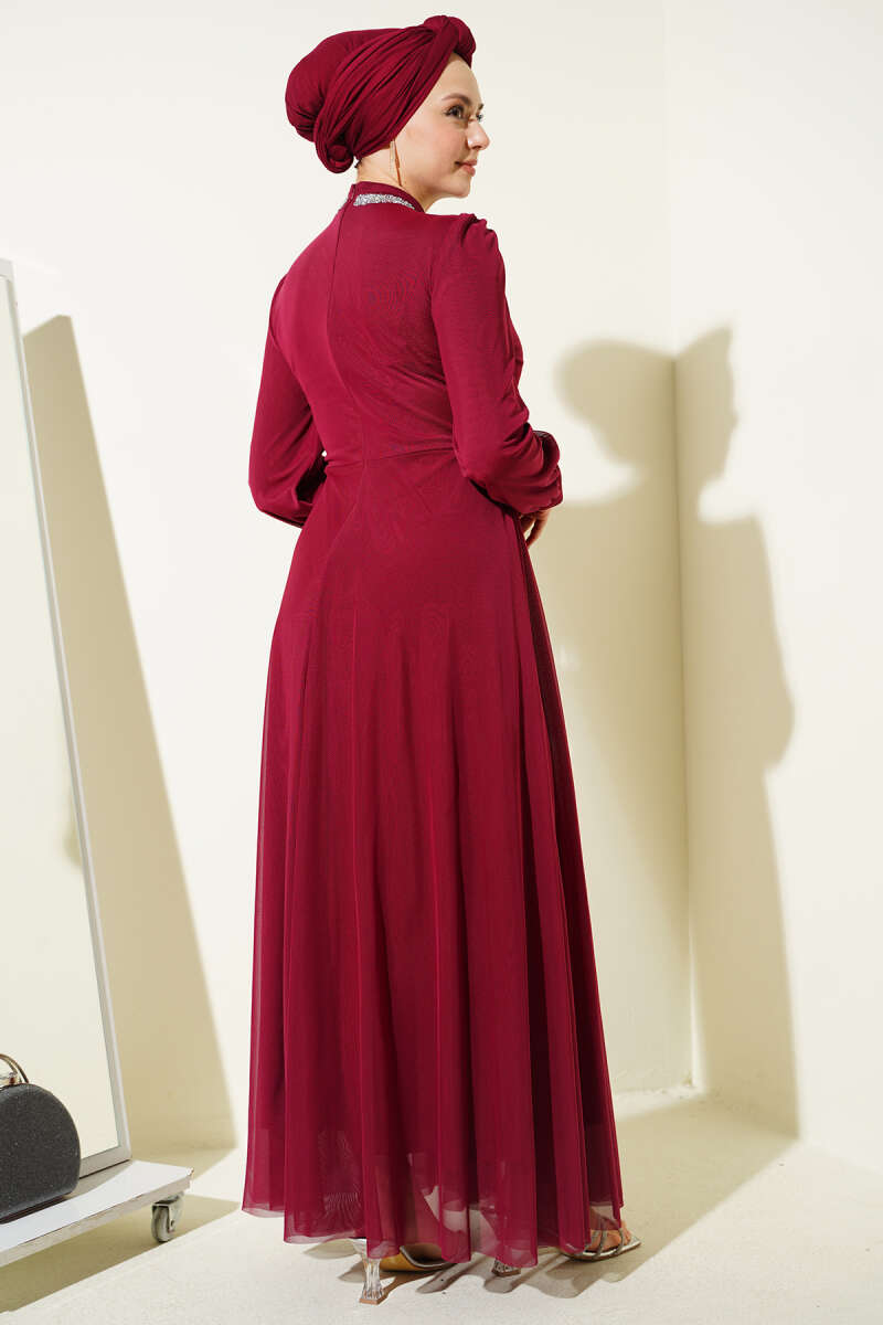 Taş Süslemeli Manşet Düğmeli Abiye Elbise