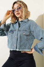 Taş Süslemeli Püsküllü  Crop Ceket