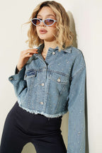 Taş Süslemeli Püsküllü  Crop Ceket