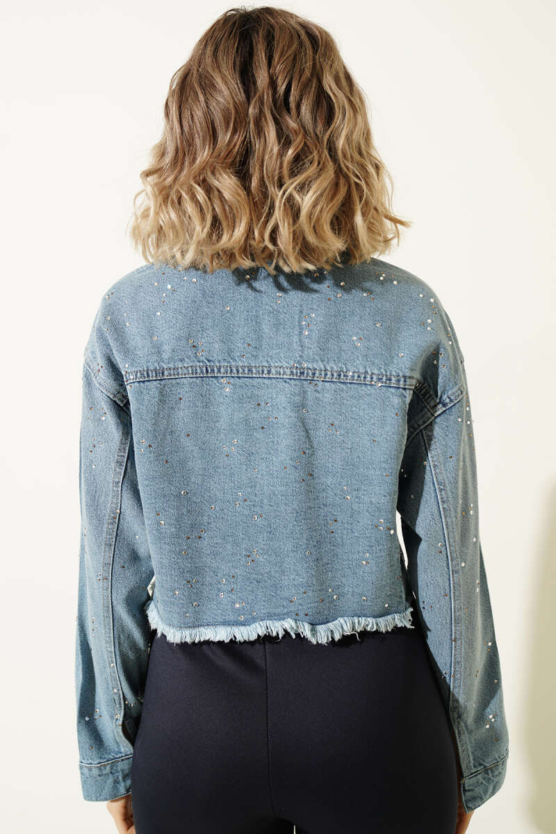 Taş Süslemeli Püsküllü  Crop Ceket